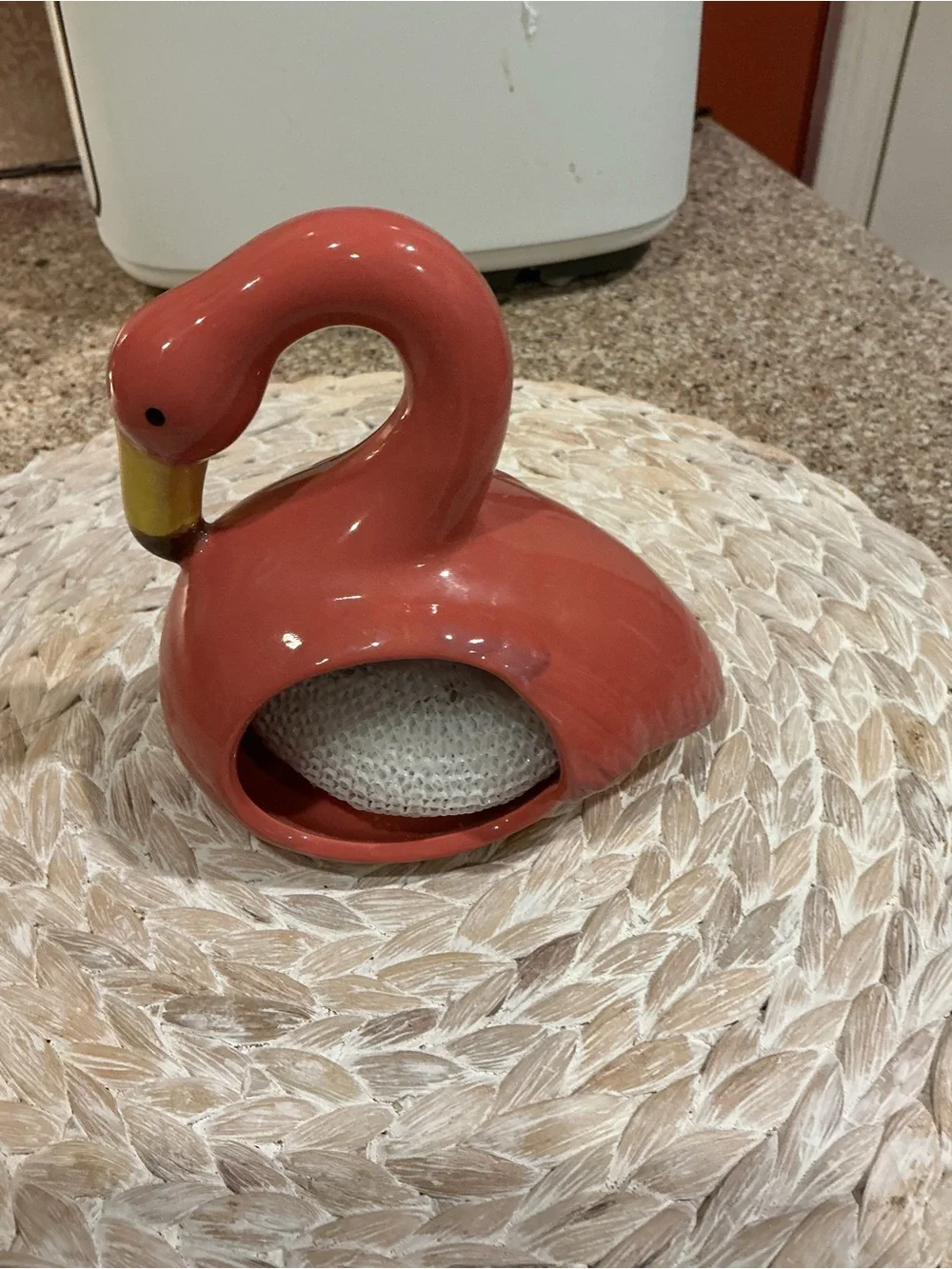 Coral Ceramic Flamingo Figurine - HOLDS scrub Pad. Or Soap